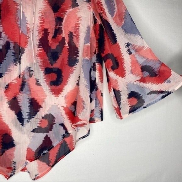 Banana Republic Top Women's S Pink Blue Pattern Sheer Asymmetrical Hem Tie Neck - Picture 5 of 10